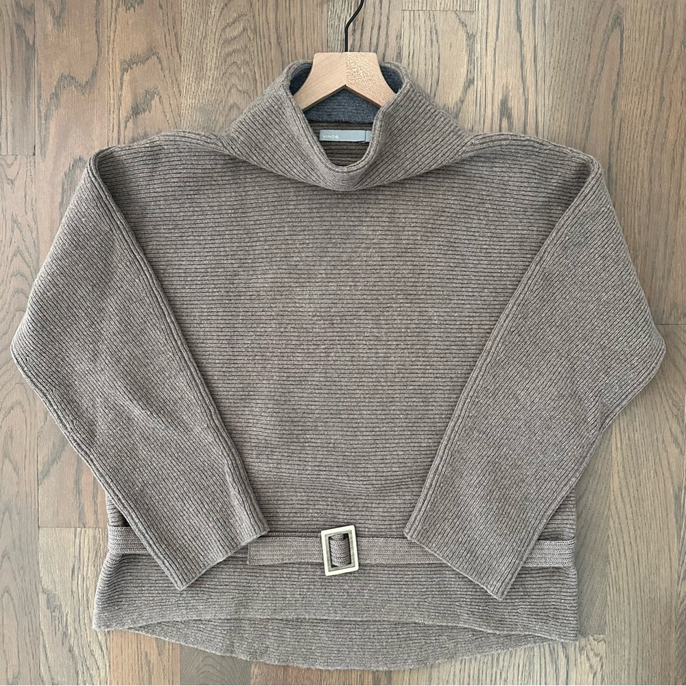 Vince Cashmere Wool Ribbed Funnel Neck Belted Sweater in Light Brown Size Small